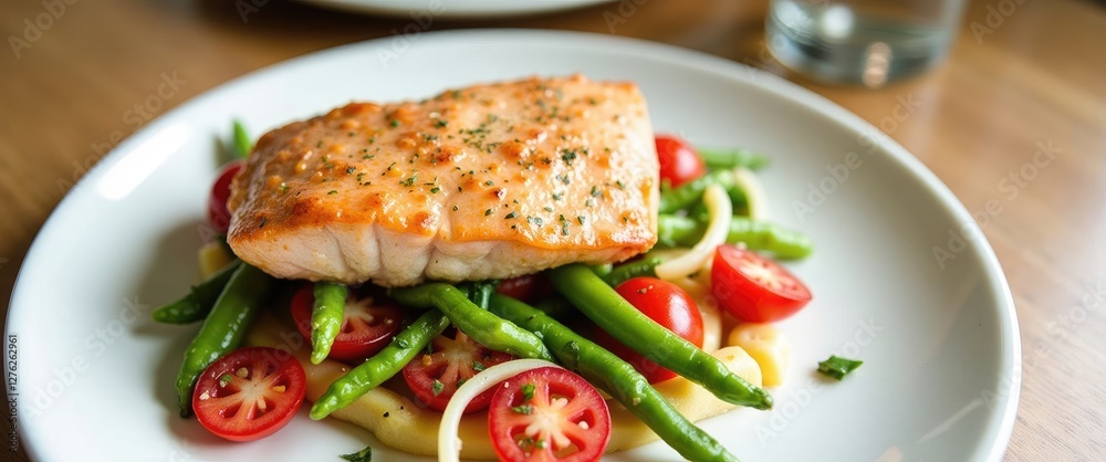 Grilled Salmon Fillet Served on a Bed of Fresh Vegetables with Cherry Tomatoes and Green Beans for a Healthy Meal Delight Grilled Salmon Fillet Served on a Bed of Fresh Vegetables with Cherry Tomatoes and Green Beans for a Healthy Meal Delight