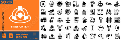Firefighter Duotone Editable Icons set. Vector illustration in modern thin duotone style of firefighter icons: firefighter, fireman, fire, etc