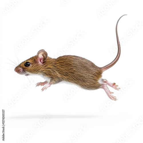 A brown mouse is running across a white background