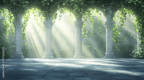 A serene, sunlit garden with stone columns entwined in lush greenery, creating a tranquil atmosphere filled with soft, radiant light.