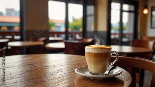 Hot latte coffee put on table in cafe restaurant drink breakfast in the morning day