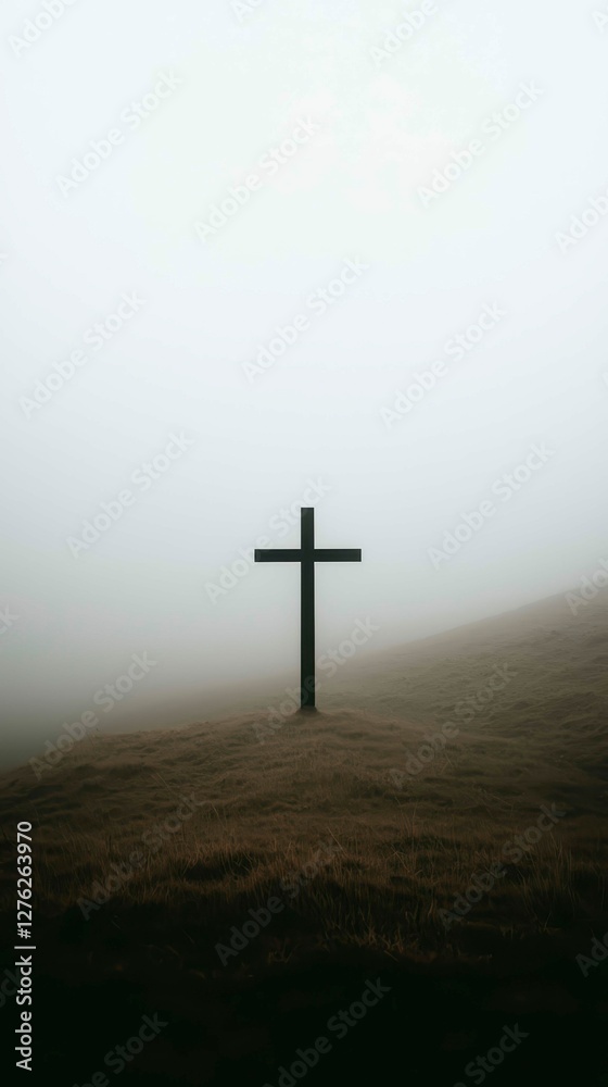 Cross on Grassy Hill Amidst Morning Fog Symbol of Faith Hope and Spiritual Reflection Landscape Cross on Grassy Hill Amidst Morning Fog Symbol of Faith Hope and Spiritual Reflection Landscape