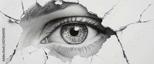 Close-up drawing of an eye emerging from cracked paper, showcasing intricate details and symbolic imagery of perception and breaking boundaries, with high realism in black and white.