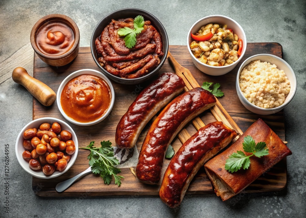 Minimalist BBQ Feast: Ribs, Sausages, Beans, Coleslaw & Sauce Minimalist BBQ Feast: Ribs, Sausages, Beans, Coleslaw & Sauce