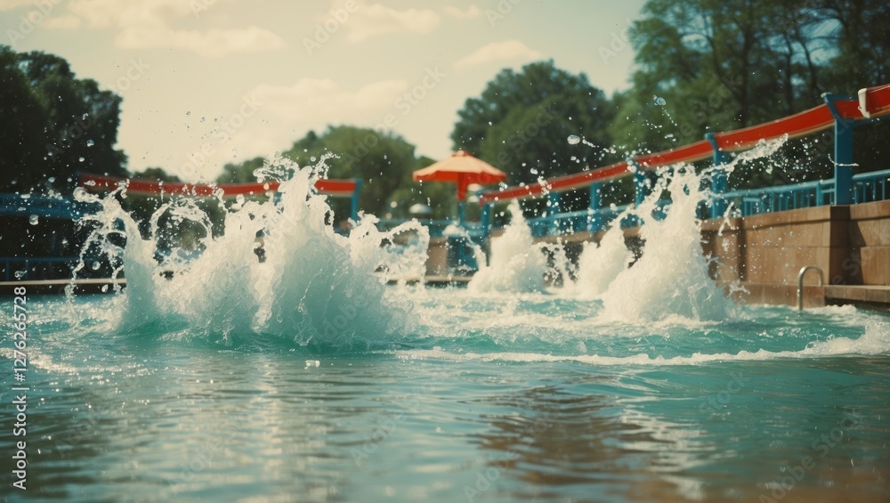 Naklejka premium Vibrant Water Splashing in Pool Scene with Open Space for Text and Relaxing Outdoor Atmosphere