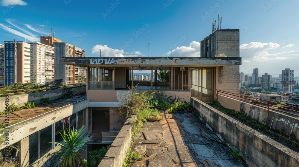 Abandoned rooftop garden in a cityscape, showcasing overgrown plants and urban decay against a bright sky Abandoned rooftop garden in a cityscape, showcasing overgrown plants and urban decay against a bright sky