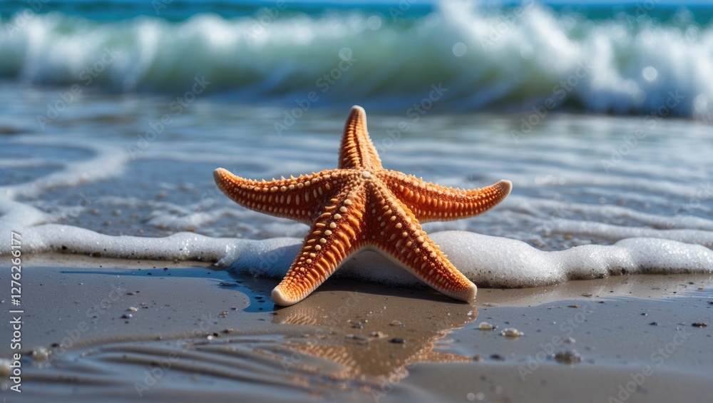 Starfish Resting on Wet Sand as Gentle Waves Break on the Shoreline in Bright Coastal Setting Starfish Resting on Wet Sand as Gentle Waves Break on the Shoreline in Bright Coastal Setting