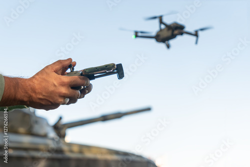 Φωτογραφία artillery spotter or military observer launches drone into sky force reconnaissance in enemy territory