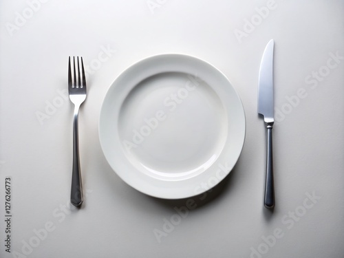 Minimalist Empty White Plate with Fork and Knife - Clean Table Setting Stock Photo