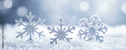 Three Silver Snowflakes on Sparkling Snow Christmas Holiday Winter Decoration Celebration photo