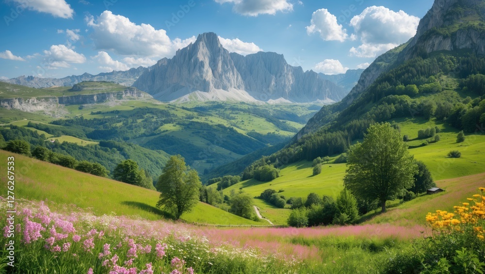 Serene Summer Landscape in the Pyrenees with Lush Green Hills and Flowers under Clear Blue Sky for Copy Space and Text Usage Serene Summer Landscape in the Pyrenees with Lush Green Hills and Flowers under Clear Blue Sky for Copy Space and Text Usage