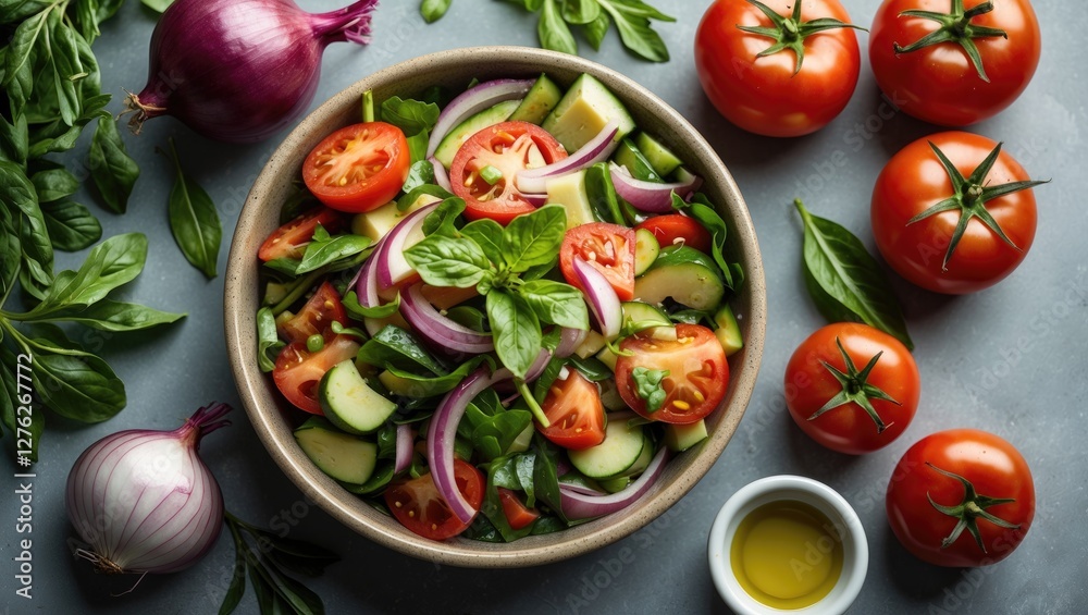 Summer Vegetable Salad Featuring Fresh Tomatoes, Onions, Cucumbers and Basil with Olive Oil, Viewed From Above in a Bowl. Healthy Eating. Summer Vegetable Salad Featuring Fresh Tomatoes, Onions, Cucumbers and Basil with Olive Oil, Viewed From Above in a Bowl. Healthy Eating.