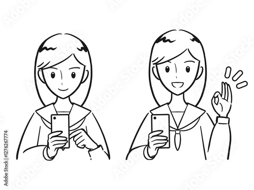 スマホを操作する　スマホを持ってOKサインをする　女子学生セット（線画）