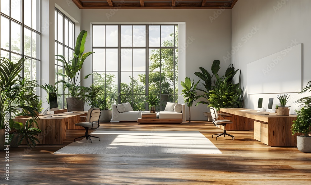 Modern office interior with desks and chairs in an open space setting, featuring a blank white wall on the right for copy space. 3D Rendering, Modern office interior with desks and chairs in an open space setting, featuring a blank white wall on the right for copy space. 3D Rendering,
