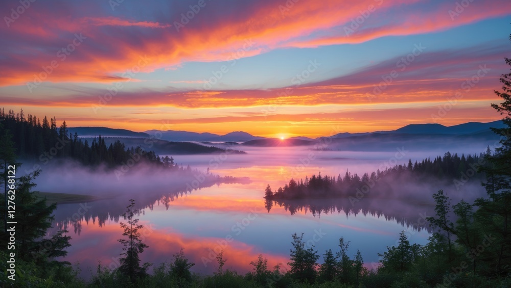 Serene Sunrise Over Tranquil Northern Lake with Mist and Colorful Sky Perfect for Text Overlay Serene Sunrise Over Tranquil Northern Lake with Mist and Colorful Sky Perfect for Text Overlay