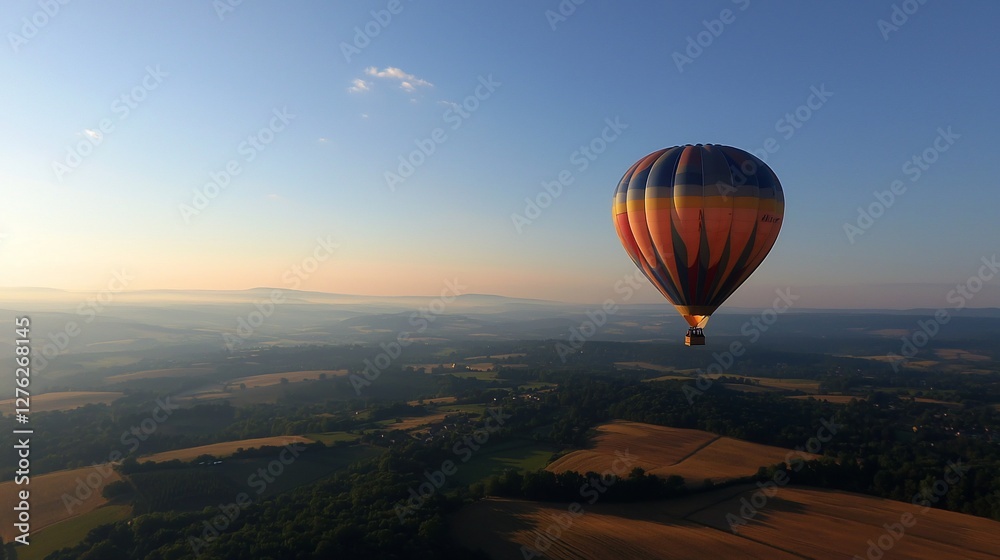 Obraz premium Hot air balloon soaring over scenic landscape at sunrise.