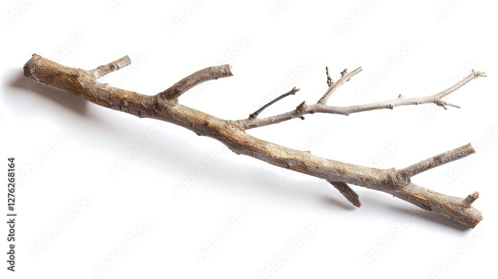 A dry, textured branch lying on a white background, showcasing natural wood patterns and potential for crafts A dry, textured branch lying on a white background, showcasing natural wood patterns and potential for crafts