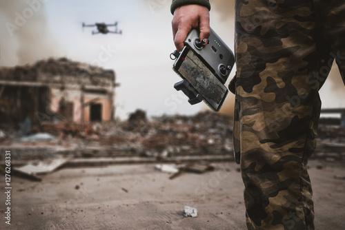 Canvas Print artillery spotter or military observer launches drone into sky force reconnaissance in enemy territory