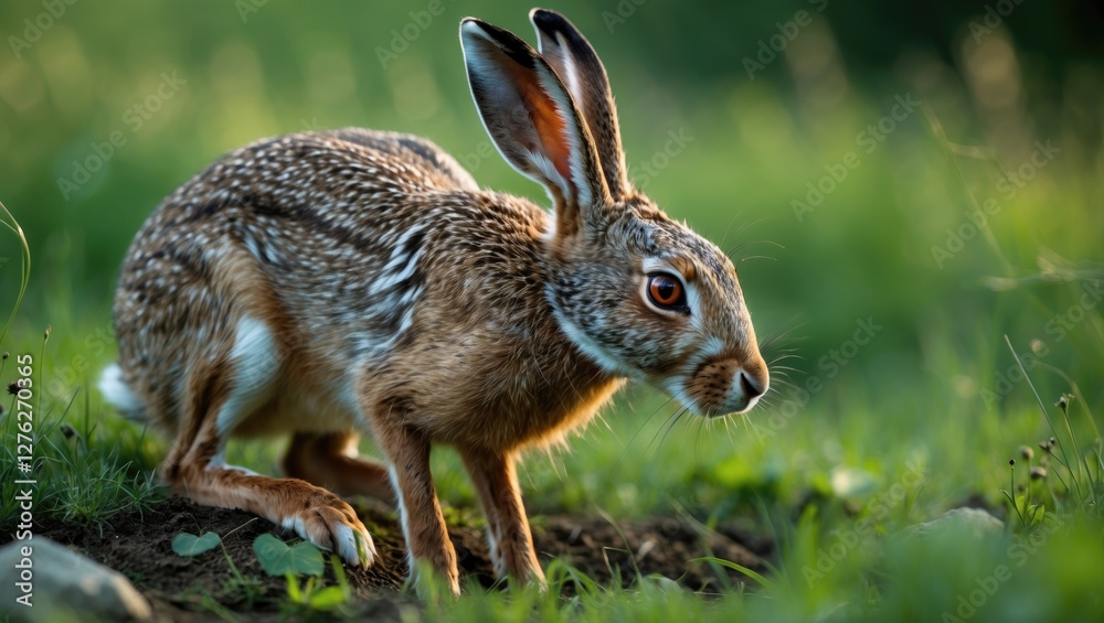 Obraz premium European hare crouching in a lush green meadow showing alertness and caution with ample space for text placement in close-up view.