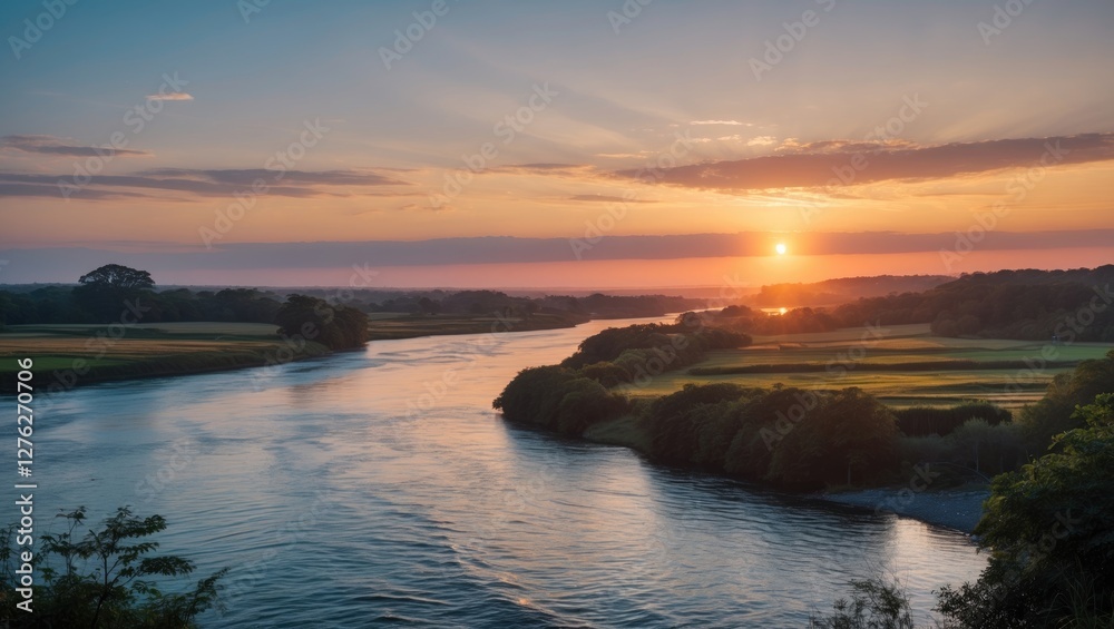 Fototapeta premium Tranquil Sunset Over a River and Sea Landscape Emphasizing Natural Beauty and Peaceful Atmosphere in Harmony with Nature's Elements