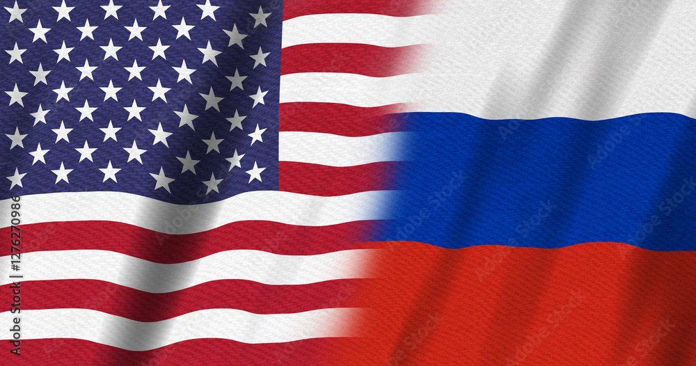 USA flag stars and stripes and Russian flag background