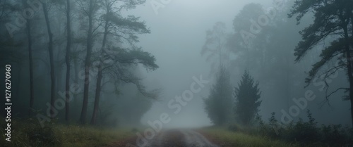Mysterious Forest Road Shrouded in Thick Morning Fog Creating a Tranquil and Atmospheric Landscape Scene
