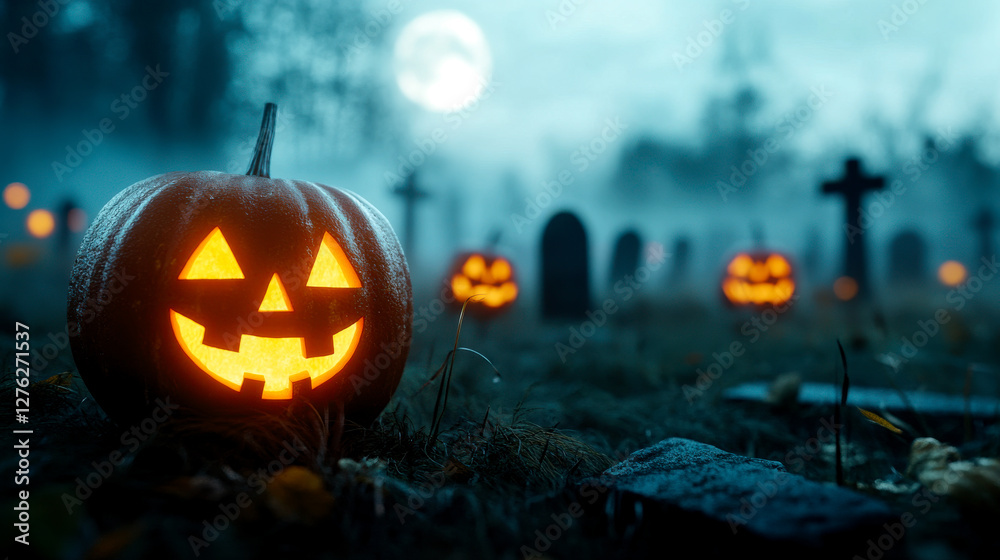 A spooky Halloween scene featuring glowing jack-o'-lanterns in a misty graveyard under a full moon. A spooky Halloween scene featuring glowing jack-o'-lanterns in a misty graveyard under a full moon.