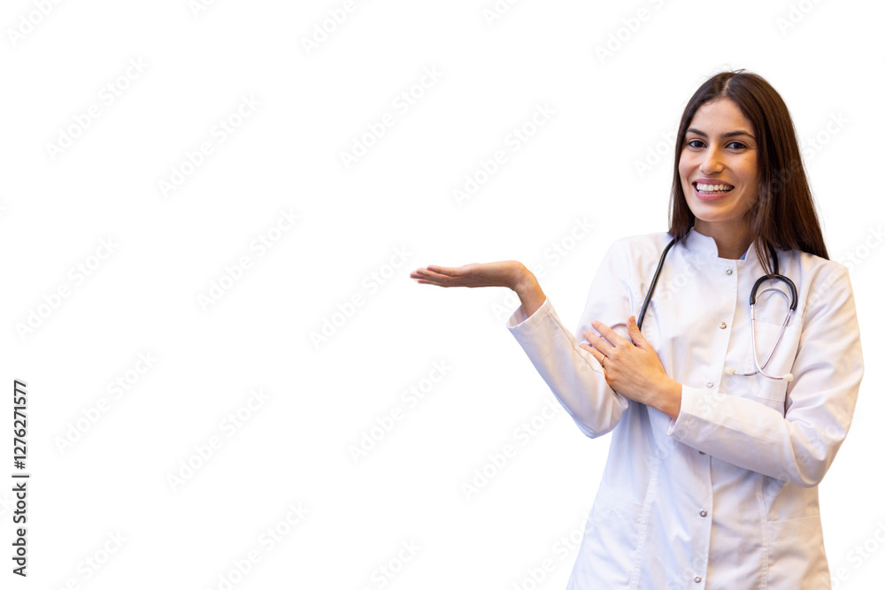 Friendly Latina doctor extending her arm to indicate something Friendly Latina doctor extending her arm to indicate something