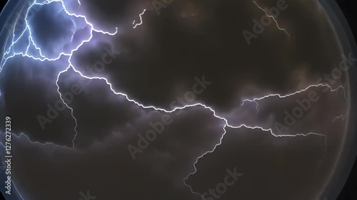 Close-up shot of a glass sphere containing a dramatic lightning storm with dark clouds. The glowing electric bolts contrast with the stormy sky, creating a surreal and intense atmosphere..