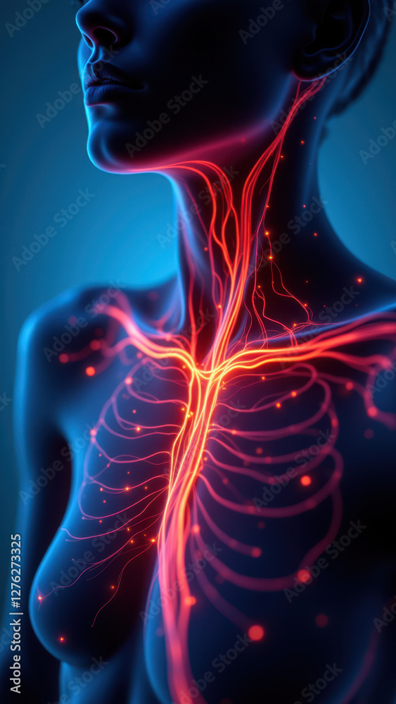 Vagus Nerve Stimulation - Visualization of Electrical Activity on a Human Body Model with Anatomy Exposed. Vagus Nerve Stimulation - Visualization of Electrical Activity on a Human Body Model with Anatomy Exposed.