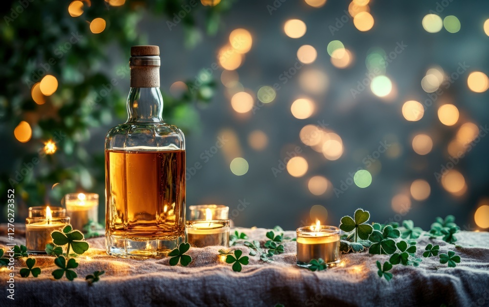 Happy St. Patrick's Day Background, an Irish whiskey bottle set on a linen tablecloth with scattered shamrocks and candles, placed against a lavender background with golden and green bokeh Happy St. Patrick's Day Background, an Irish whiskey bottle set on a linen tablecloth with scattered shamrocks and candles, placed against a lavender background with golden and green bokeh