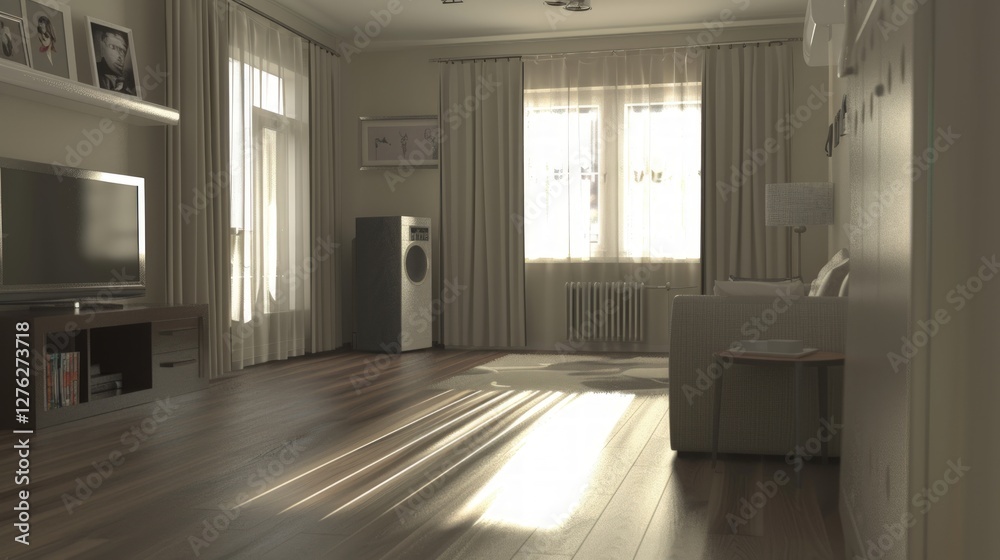 Fototapeta premium Sunlit Living Room Interior Design: Modern, Calm, and Serene Atmosphere