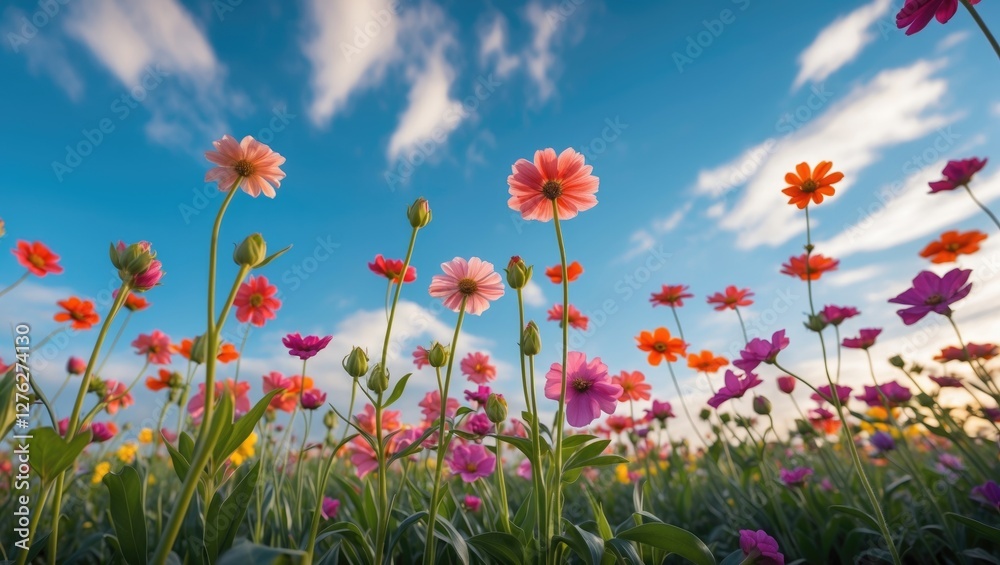 Vibrant Spring Meadow with Colorful Flowers Against a Blue Sky and Fluffy Clouds Showcasing Nature's Beauty and Tranquility Vibrant Spring Meadow with Colorful Flowers Against a Blue Sky and Fluffy Clouds Showcasing Nature's Beauty and Tranquility