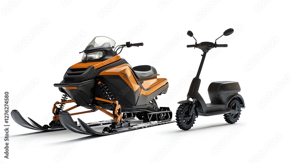An orange snowmobile and a black electric scooter are displayed An orange snowmobile and a black electric scooter are displayed