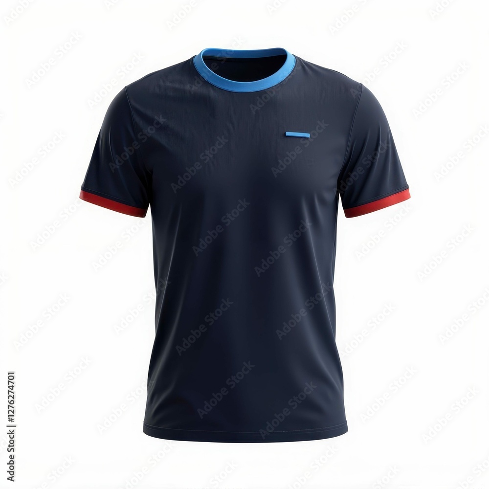Stylish Sport T Shirt Featuring Blue Collar and Red Sleeve Trim Isolated on White Background