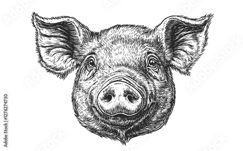 Wallpaper Mural Pig, hog, boar. Vintage retro print, black white pig sketch ink pencil style drawing, linear drawing, engrave old school. Sketch artwork silhouette pig, hog, boar. Side view profile. Illustration Torontodigital.ca