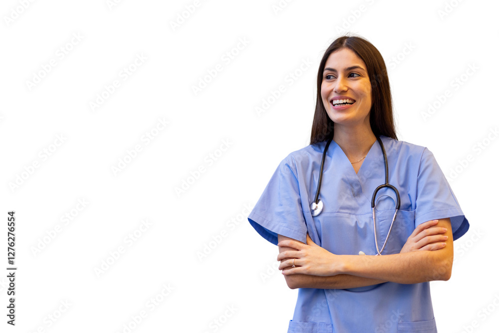 Professional Latina nurse standing in scrubs Professional Latina nurse standing in scrubs