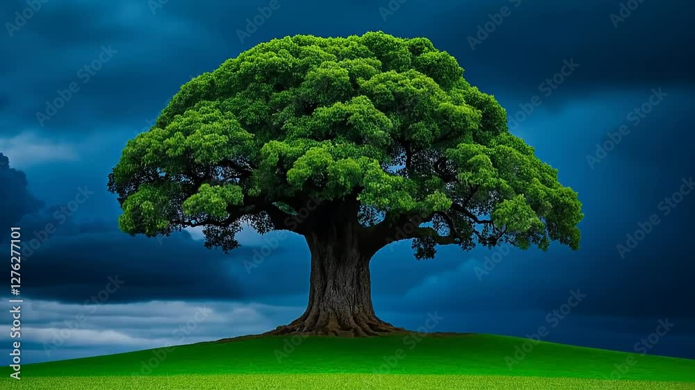 A grand tree rises prominently on a green hill, its lush foliage contrasting with an ominous stormy sky filled with dark clouds. The scene captures nature's beauty and power A grand tree rises prominently on a green hill, its lush foliage contrasting with an ominous stormy sky filled with dark clouds. The scene captures nature's beauty and power