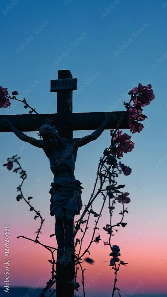 Dark silhouette of a crucifix adorned with flowers against a colorful sunset backdrop in a tranquil landscape Dark silhouette of a crucifix adorned with flowers against a colorful sunset backdrop in a tranquil landscape