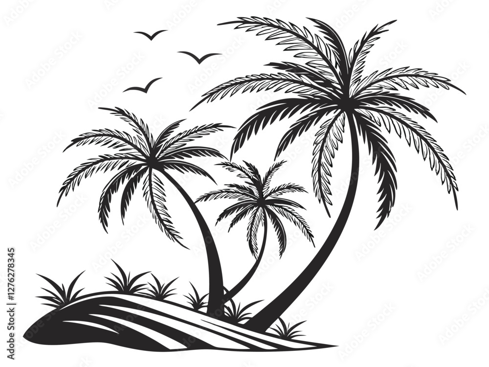 Obraz premium tropical beach silhouette, palm trees, flying birds, black and white illustration, minimalist design, curved coastline, island scenery, tranquil atmosphere, vacation vibes, simple linework, graphic 