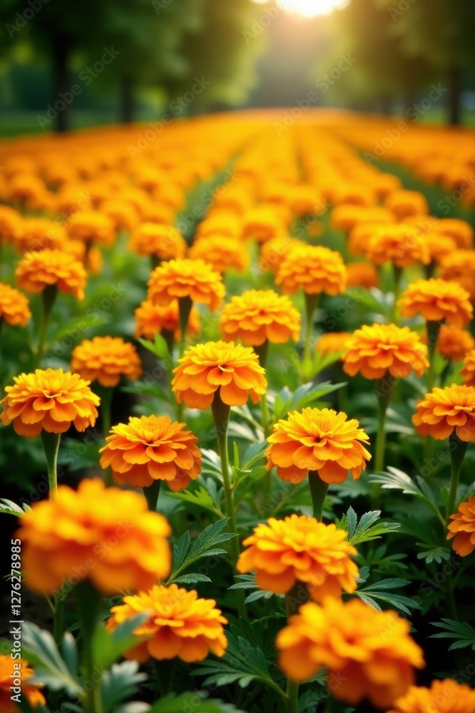 Vibrant Orange Marigold Field at Sunset, a Lush Display of Blossoms Extending Towards a Golden Horizon Vibrant Orange Marigold Field at Sunset, a Lush Display of Blossoms Extending Towards a Golden Horizon