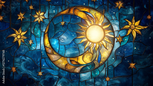 Stained glass art depicting a crescent moon surrounded by golden sun and stars against a blue night sky, symbolizing celestial beauty, harmony, and cosmic balance.