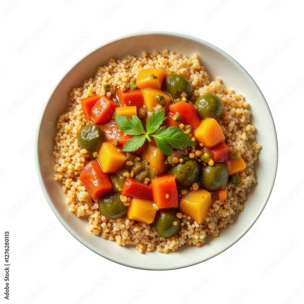 Couscous With Roasted Vegetables and Sprouts in a Bowl Dietary Delicious Meal Overhead Presentation Couscous With Roasted Vegetables and Sprouts in a Bowl Dietary Delicious Meal Overhead Presentation