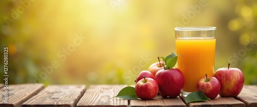 Freshly squeezed apple juice in a glass with red apples on a wooden table against a blurred natural background