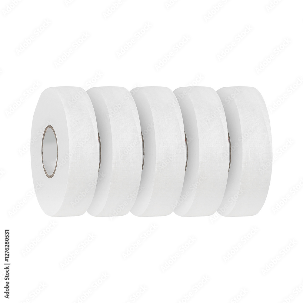 A neatly arranged row of white rolls of tape set on a white background A neatly arranged row of white rolls of tape set on a white background