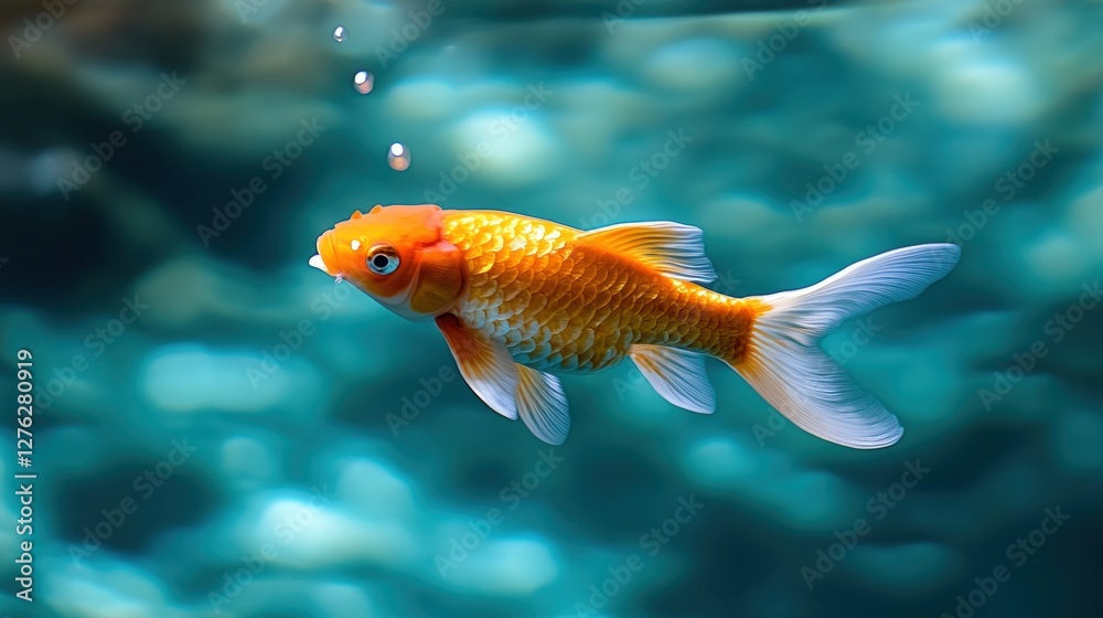 Orange goldfish swims, aquarium bubbles, teal background, pet care Orange goldfish swims, aquarium bubbles, teal background, pet care