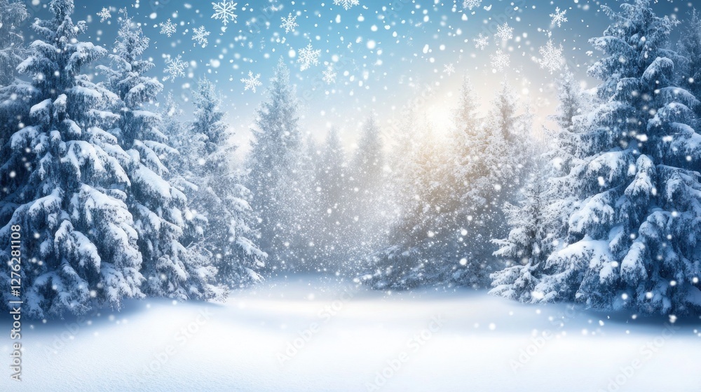 Snow-covered pine forest in winter wonderland; sunlight through snow. Snow-covered pine forest in winter wonderland; sunlight through snow.