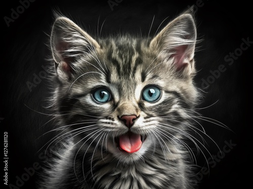 Monochrome Sketch of Playful Kitten with Tongue Out - Night Photography