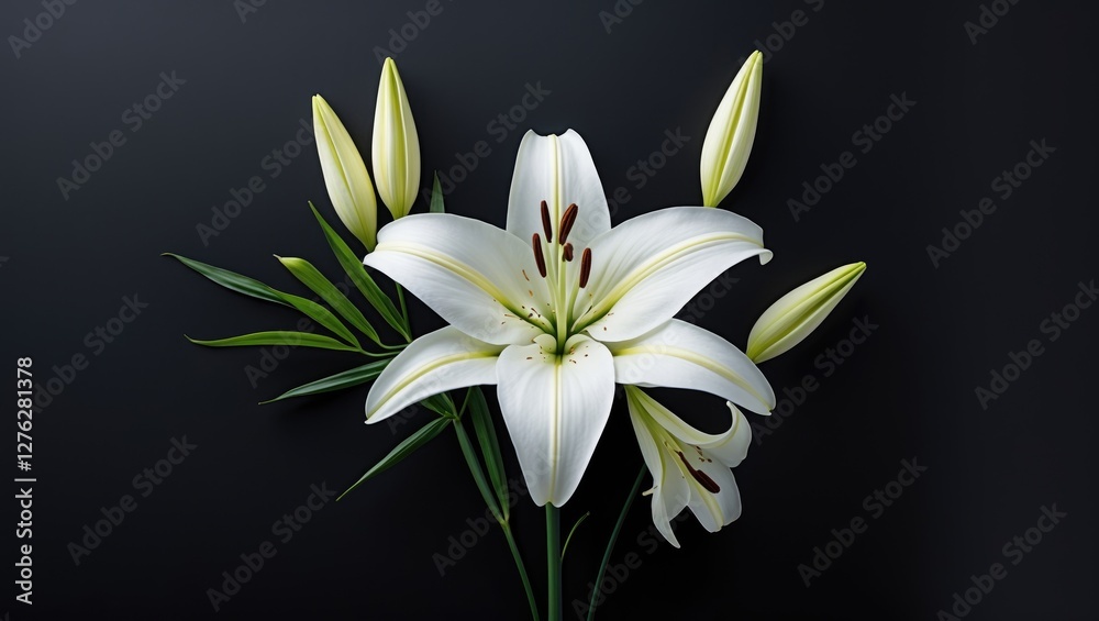 White lily flowers with green leaves on a black background featuring blooming and bud stages of the plant botanical composition White lily flowers with green leaves on a black background featuring blooming and bud stages of the plant botanical composition