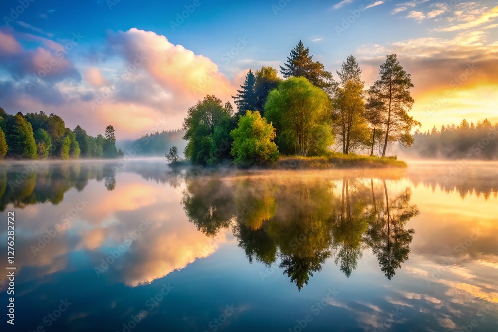 Obraz premium Mysterious Morning Fog, Calm Water, Tree Reflections, High Depth of Field Stock Photo
